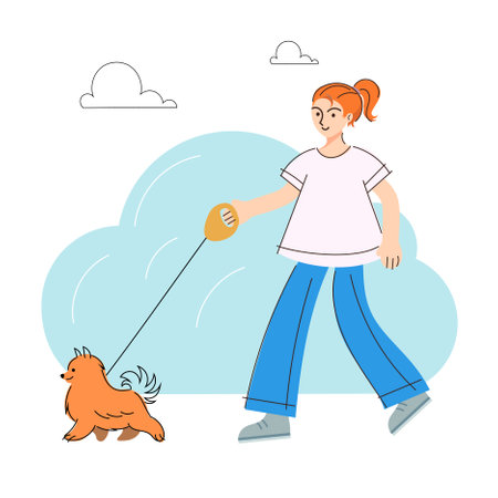 Happy girl walking with a dog at summer park. Joyful owner and domestic animal enjoying promenade outdoor. Vector flat illustration.のイラスト素材