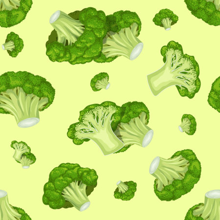 Broccoli vegetables seamless pattern on light green background. Eco vegetable background. Best for menu vegan designs. vector illustration.のイラスト素材
