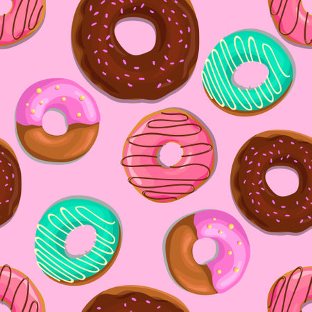 Donuts with pink, chocolate, blue mint glaze falling on pink background. Seamless vector pattern.のイラスト素材