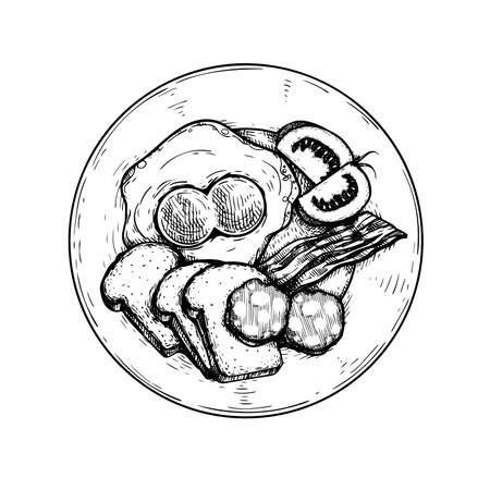 Traditional continental breakfast. Fried double eyed egg, bacon, sausage slices and fresh bread slices. hand drawn sketch style. Best for restaurant and delivery menu designs. vector illustration.のイラスト素材