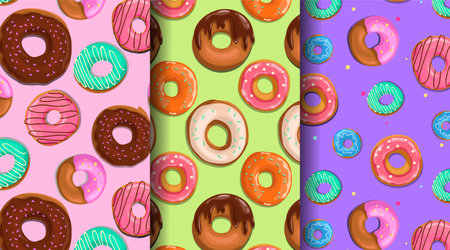 Yummy donuts with glaze seamless patterns set. Sweet food background collection. Best for birthday party designs. vector illustrations.のイラスト素材