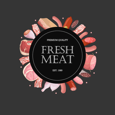 Fresh meat banner template. Butcher shop, fresh farm market goods. Best for advertising, promotion posters and packaging designs. vector illustration.のイラスト素材