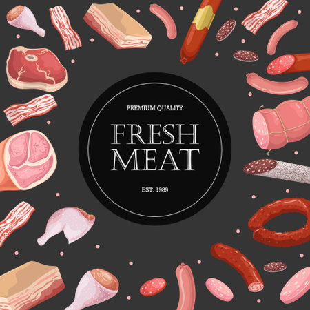 Fresh meat banner template. Butcher shop, fresh farm market goods. Best for advertising, promotion posters and packaging designs. vector illustration.のイラスト素材