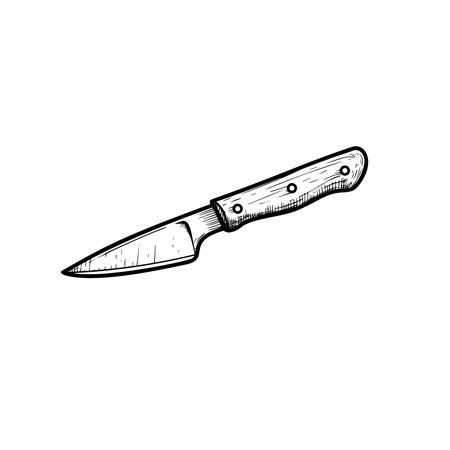 Paring knife with wooden handle. Butcher and kitchen utensil. Chef's tool. Hand drawn sketch style drawing. vector illustration.のイラスト素材