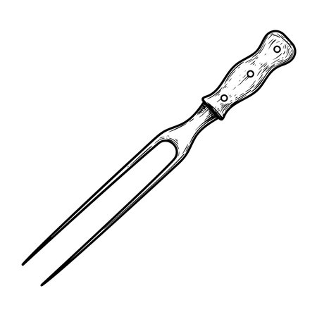 Carving fork with wooden handle. Butcher and kitchen utensil. Chef's tool. Hand drawn sketch style drawing. vector illustration.のイラスト素材