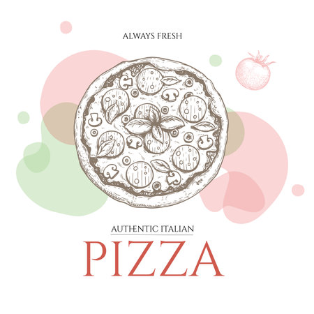 Italian pizza design template. Hand drawn sketch style pizza. Best for Italian restaurant menu and package designs. vector illustration.のイラスト素材