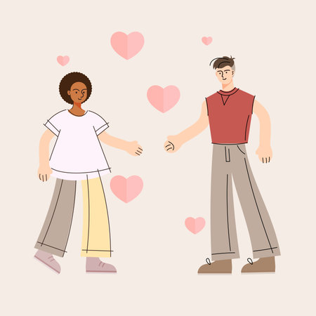love couple. Happy man and woman. Two valentines, romantic partners together. Solidarity, support concept. Flat vector illustration isolated on white backgroundのイラスト素材