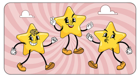 cartoon star characters set. Cheerful retro vintage mascots on groovy background. Vector illustration collection.のイラスト素材