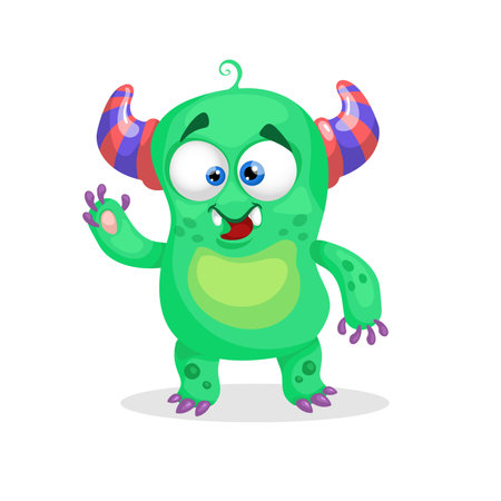 Cute green horned monster. Happy Halloween mascot character. Best for kid parties designs, t-shirt and posters. vector illustration.のイラスト素材