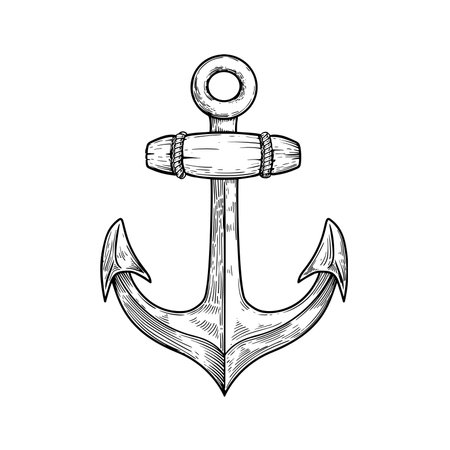 sea anchor. Ship equipment in sketch hand drawn style. Best for tattoo, emblem, . Vector illustration on white.のイラスト素材