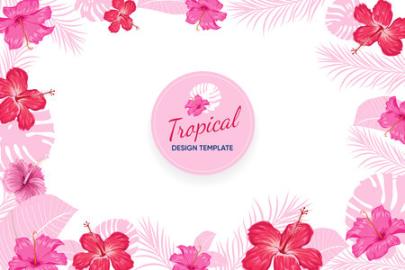 Tropical design template banner. Red, pink hibiscus flowers with palm leaves. Best for party invitations, greeting card designs and flyers. Vector illustration.のイラスト素材