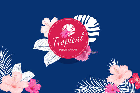 Tropical design template banner. Red, pink hibiscus flowers with palm leaves. Best for party invitations, greeting card designs and flyers. Vector illustration.のイラスト素材