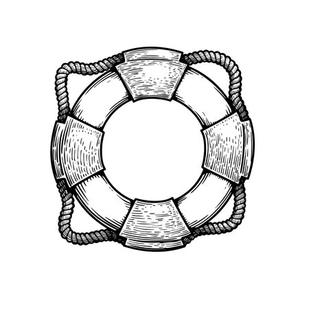 Lifebuoy with ropes in sketch style. Hand drawn travel and life safe symbol. Vintage vector illustration isolated on white.のイラスト素材