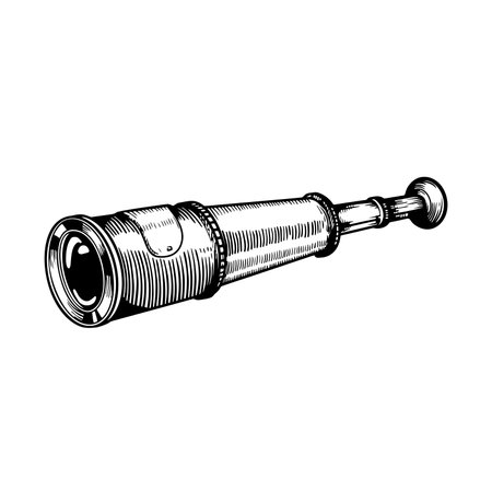 Spyglass telescope lens in sketch hand drawn style. Vector black vintage engraving illustration. Best for nautical and science designs.のイラスト素材