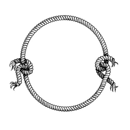 Hand drawn circle rope frame with free style nodes. Sketch nautical design element. Best for marine and western designs. Vector illustration isolated on white.のイラスト素材