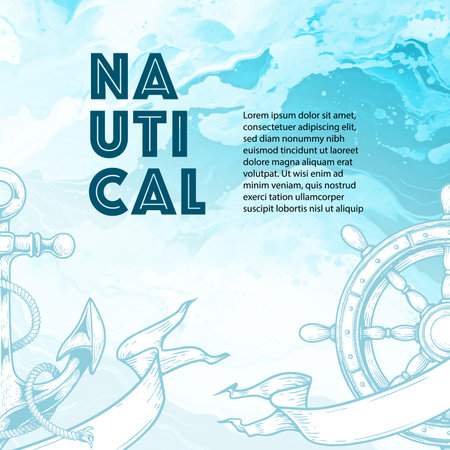Travel banner. Sea nautical design with hand drawn sketch style helm, ribbon and anchor. Watercolor or acrylic blue background. Vector design template.のイラスト素材