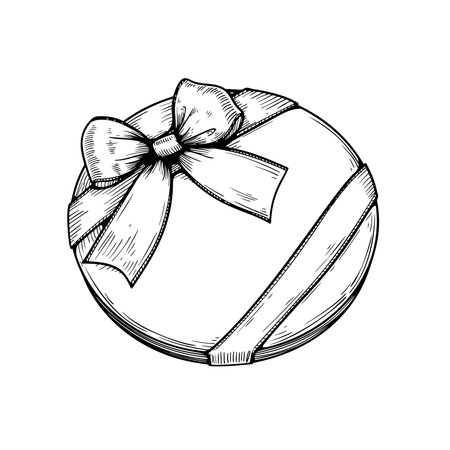 Gift box with ribbon and bow. Hand drawn sketch illustration. Top view close up drawing of oval gift box isolated on white background.のイラスト素材