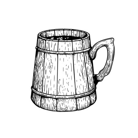 Wooden beer mug. Vintage mug with a handle. Hand drawn sketch style. Best for brewery, pub menu designs. Vector illustration.のイラスト素材
