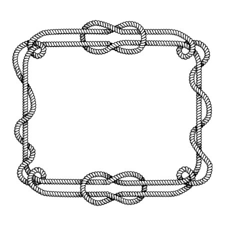 Hand drawn rectangular rope frame with free style node. Sketch nautical design element. Best for marine and western designs. Vector illustration isolated on white.のイラスト素材