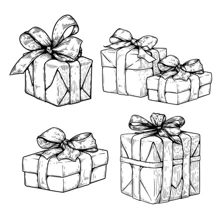Gift boxes set. Hand drawn sketch style illustration. Best for Christmas, birthday designs. Vector illustrations collection.のイラスト素材