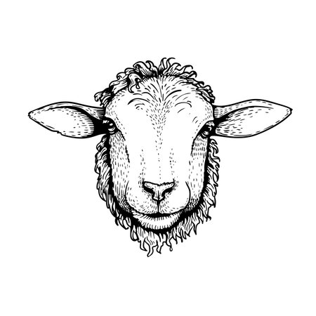 Head of young sheep sketch style, hand drawn illustration. Farm animal retro engraved style vector drawing.のイラスト素材