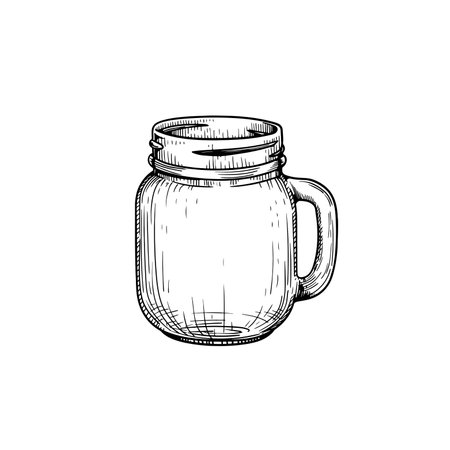 Empty glass jar with handle. Hand drawn sketch drawing in old fashioned vintage style. Vector illustration isolated on white.のイラスト素材