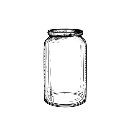 Empty glass jar. Hand drawn sketch drawing in old fashioned vintage style. Vector illustration isolated on white.のイラスト素材
