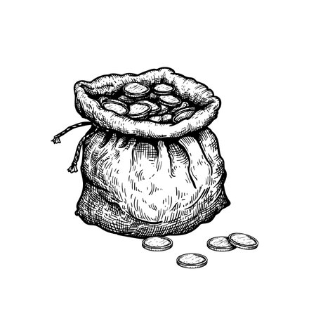 Open bag full of money coins. Hand drawn pen and ink sketch style. Financial, profit symbol. Vector illustration.のイラスト素材