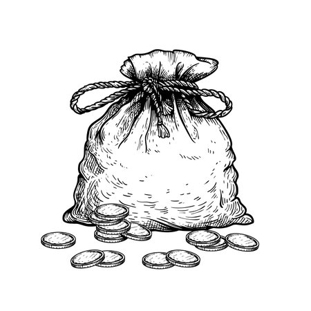 Vintage bag full of money coins, tied with rope. Hand drawn pen and ink sketch style. Financial, profit symbol. Vector illustration.のイラスト素材