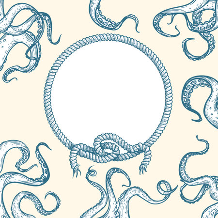 Nautical and marine style design template. Round rope frame and octopus tentacles. Hand drawn sketch style. Retro design. Vector illustration.のイラスト素材
