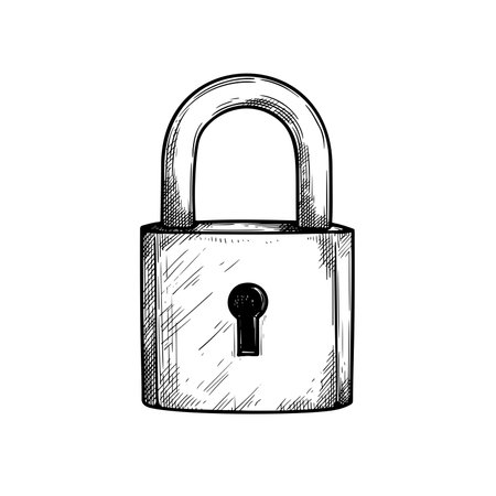 Modern closed padlock. Hand drawn sketch of safety and security symbol. Retro style. Vector illustration isolated on white.のイラスト素材