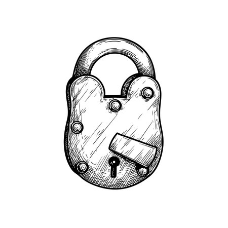 Vintage padlock. Hand drawn sketch of safety and security symbol. Retro style. Vector illustration isolated on white.のイラスト素材
