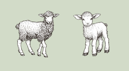 Hand drawn sketch lambs set. Farm animals vintage woodcut engraving style. Vector illustrations collection.のイラスト素材
