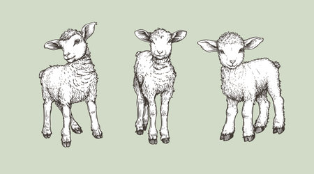 Hand drawn sketch lambs set. Farm animals vintage woodcut engraving style. Vector illustrations collection.のイラスト素材