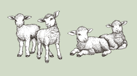 Hand drawn sketch lambs set. Farm animals vintage woodcut engraving style. Vector illustrations collection.のイラスト素材