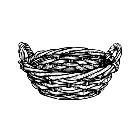 Empty wicker basket with handles. Sketch hand drawn style. Picnic and harvest symbol. Vector illustration isolated on white.のイラスト素材