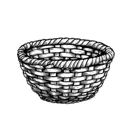 Empty wicker wooden basket. Sketch hand drawn retro style. Vector illustration isolated on white.のイラスト素材