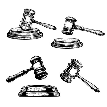Gavel sketch drawings set. Collection of hand drawn hammers of judge or auctioneer. Vector illustrations isolated on white background.のイラスト素材