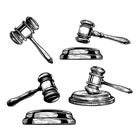 Gavel sketch drawings set. Collection of hand drawn hammers of judge or auctioneer. Vector illustrations isolated on white background.のイラスト素材