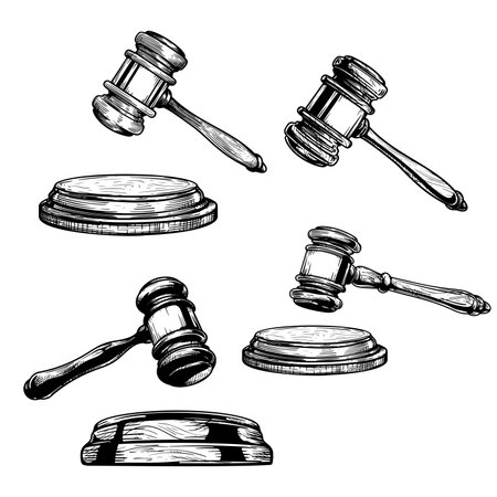 Gavel sketch drawings set. Collection of hand drawn hammers of judge or auctioneer. Vector illustrations isolated on white background.のイラスト素材