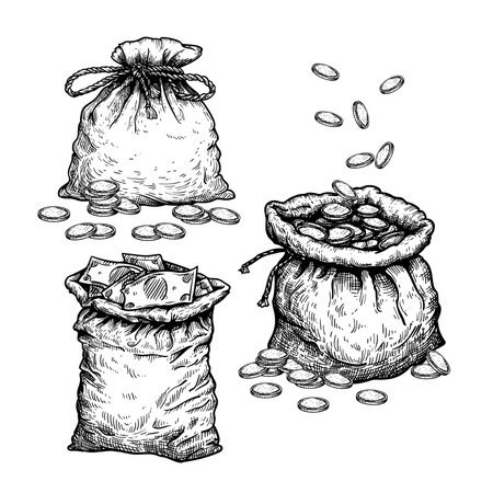 Vintage bags full of money set. Hand drawn pen and ink sketch style collection. Financial, profit symbol. Vector illustrations.のイラスト素材