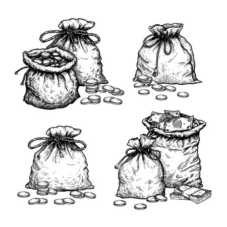 Vintage bags full of money set. Hand drawn pen and ink sketch style collection. Financial, profit symbol. Vector illustrations.のイラスト素材