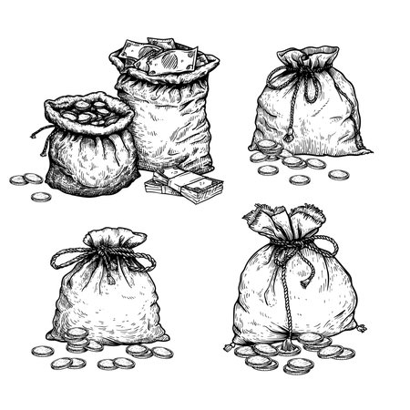 Vintage bags full of money set. Hand drawn pen and ink sketch style collection. Financial, profit symbol. Vector illustrations.のイラスト素材