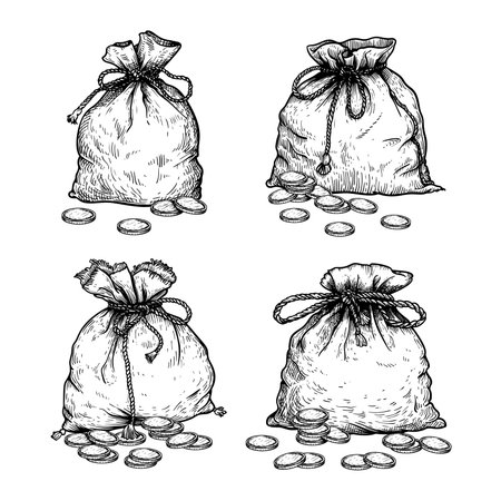 Vintage bags full of money coins set. Tied with rope. Hand drawn pen and ink sketch style collection. Financial, profit symbol. Vector illustrations.のイラスト素材