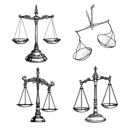 Vintage balance scales set. Sketch hand drawn engraving retro style. Weighing, libra, justice symbols collection. Vector illustrations isolated on white.のイラスト素材