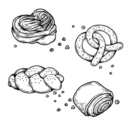 Bread and bakery food. Hand drawn sketch icons. Braided buns, pretzel and loafs. Retro bakery shop assortment. Vector illustrations.のイラスト素材