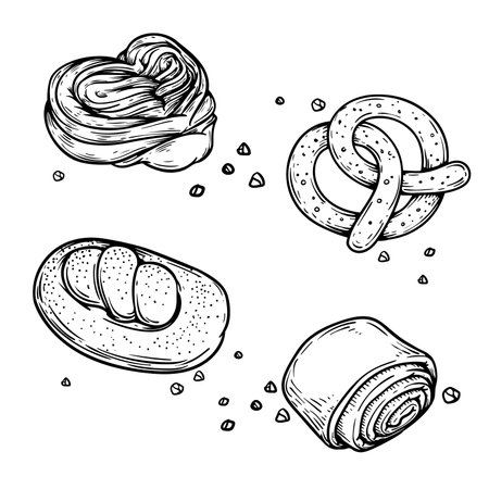 Bread and bakery food. Hand drawn sketch icons. Braided buns, pretzel and loafs. Retro bakery shop assortment. Vector illustrations.のイラスト素材