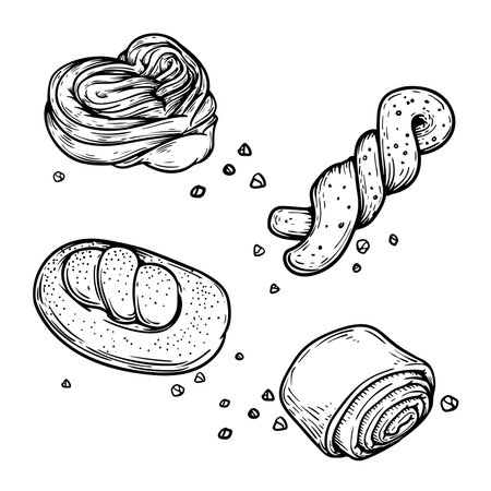 Bread and bakery food. Hand drawn sketch icons. Braided buns, bread, bun and loaf. Retro bakery shop assortment. vector illustrations.のイラスト素材