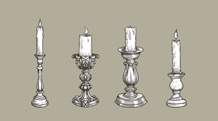 Hand drawn sketch style vintage candlesticks set. Retro pen and ink, engraved vector illustrations.のイラスト素材