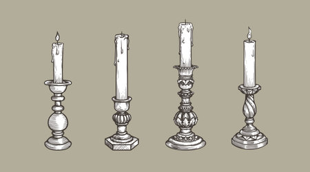Hand drawn sketch style vintage candlesticks set. Retro pen and ink, engraved vector illustrations.のイラスト素材
